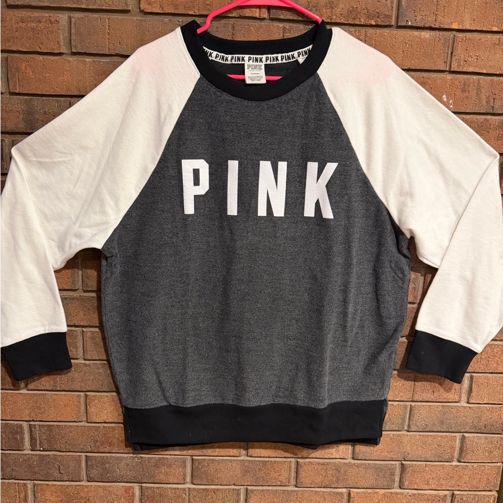 PINK Raglan Sweatshirt - Gray Body with White Sleeves medium M fleece